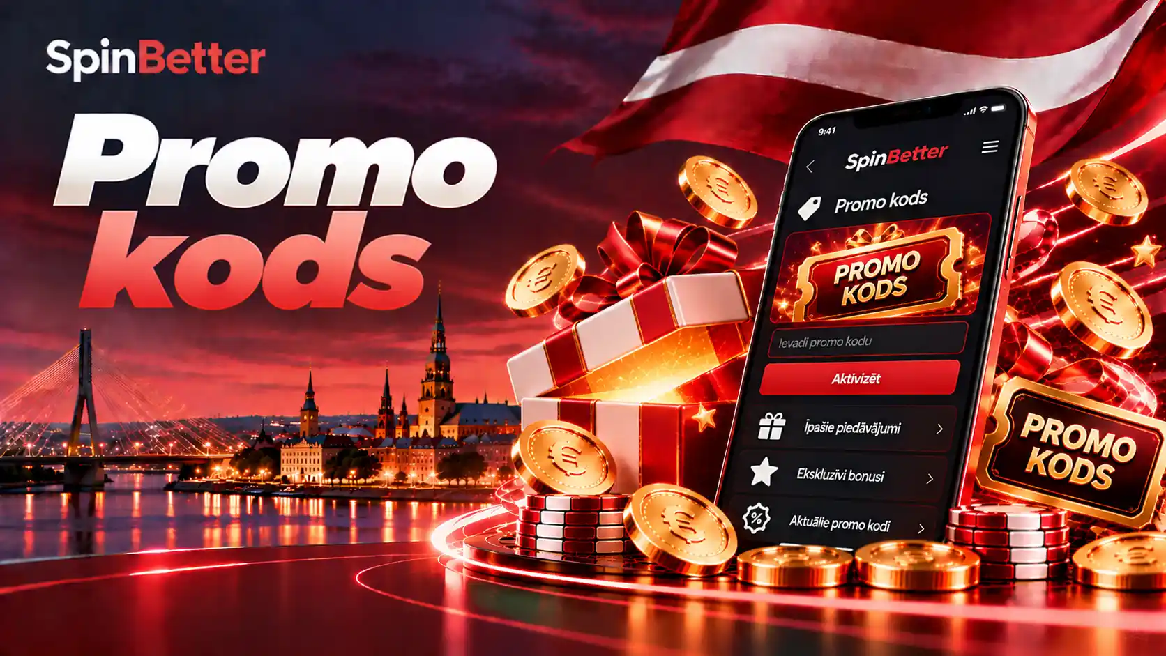 SpinBetter promo code telefona ekrānā uz Latvijas karoga fona